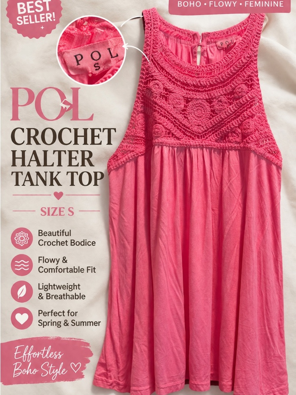 POL Pink Crochet Tank Top S Boho Halter Flowy Summer Beach